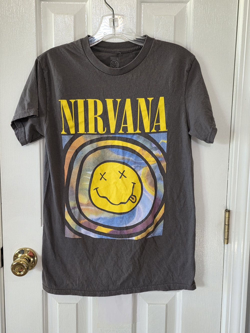 NIRVANA Black Tee with Yellow Logo and Multicolor Swirl